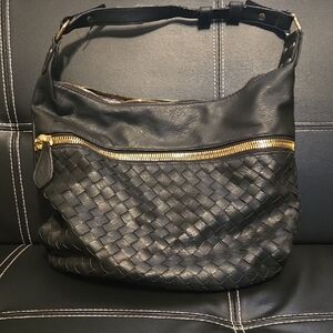Madison West Black Woven Hobo Bag with Gold Zipper